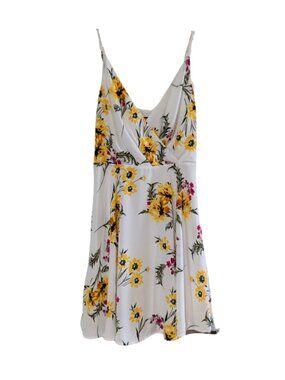 Express Women's Surplice Fit and Flare Floral Mini Cami Dress, White Yellow, XS